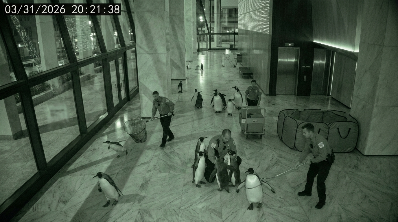 Security footage shows Chicago Animal Care and Control officers attempting to corral penguins in the building's ground-floor lobby after corralling them down from the 28th floor.